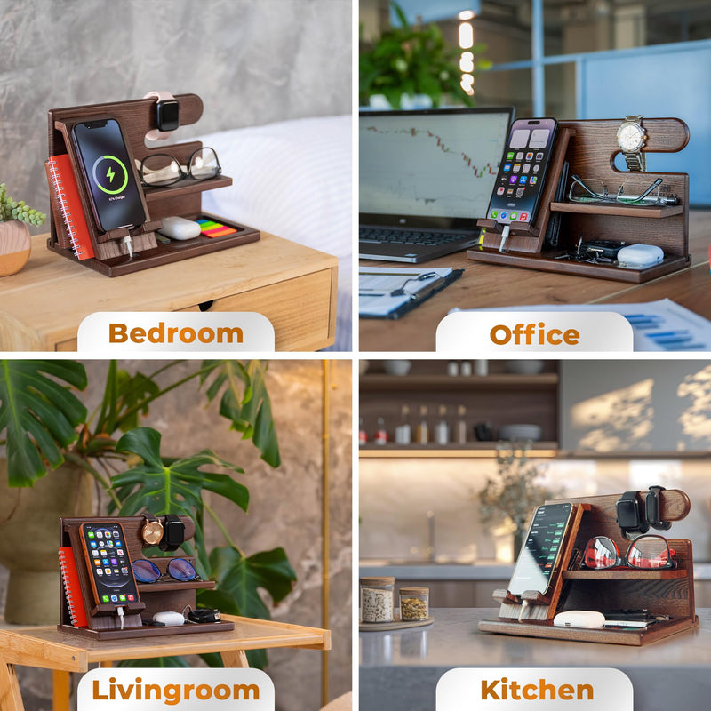 TESLYAR Wood Phone Docking Station for Men - Desktop or Nightstand Organizer - Birthday Gifts for Men, Dad - Anniversary Idea from Wife - Key Holder, Stand Wallet, Watch & Essentials (Chestnut) Chestnut