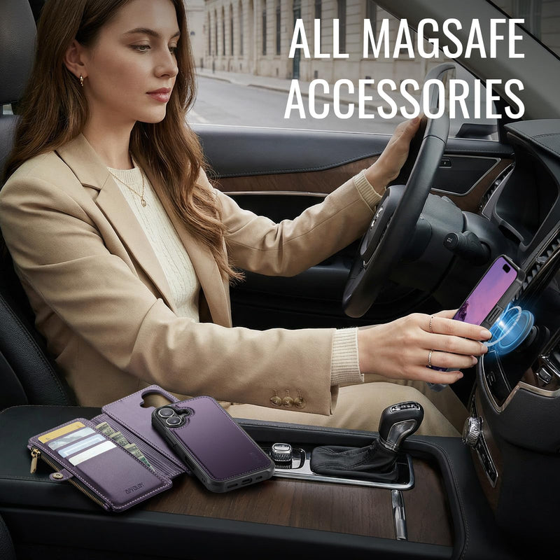 for iPhone 16 Plus - Phone Case Wallet Magnetic Detachable, Purple | Compatible with Magsafe, RFID Blocking Card Holder, Zipper Pocket, Wristlet, Durable PU Leather, Magnet Flip, for Women Men Deep Purple