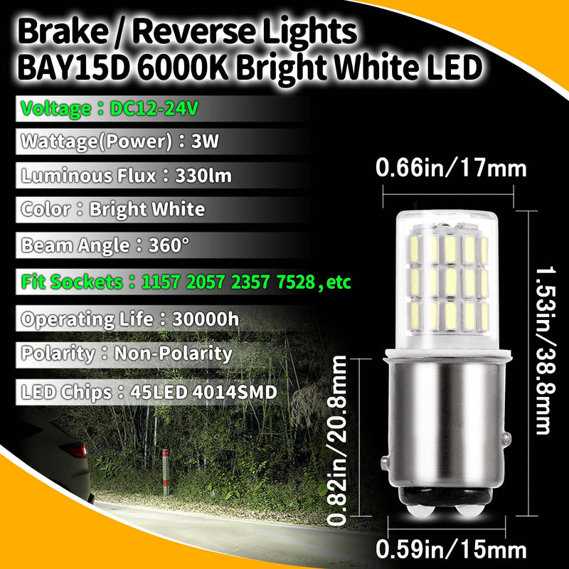 12 Volt Brake Lights 1157 2057 2357 7528 BAY15D 6000K Bright White LED Bulbs Replacement for RV Car Camper Trailer Tail Brake Stop Daytime Running Lights (DRL)Back-Up Reverse Lights,DC12-24V,4Pack 6000k white 1157 4pcs