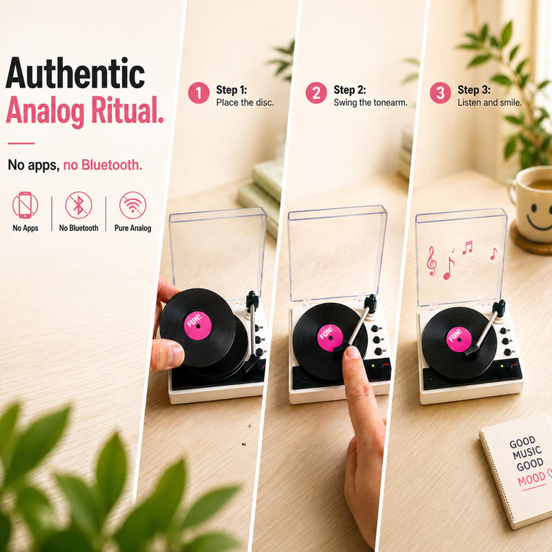 Mini Record Player with Voice Recording, 4 Discs, Auto-Spinning Desk Decor | Includes 3 music discs and 1 blank disc. All 4 discs record. Recording over music erases it permanently. Black
