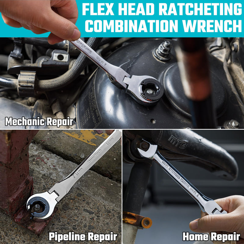 DURATECH 7-In-1 Ratcheting Wrench Set with Open Flex-head, Metric Ratcheting Tubing Wrench Set, 8-14mm, 72-Tooth Gear, CR-V Steel, with Tool Box, Gifts for Men