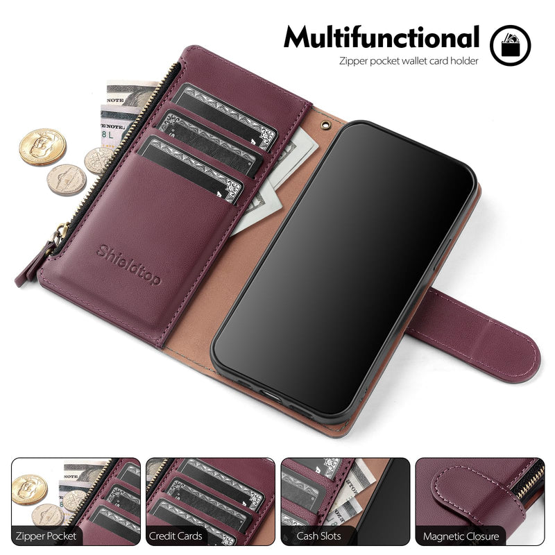 Shieldtop Compatible with Google Pixel 10a Wallet Case with Card Holder,Women Men RFID Blocking PU Leather Phone Case Flip Protective Cover Wrist Strap Zipper Credit Card Slots,Wine Red Pixel 10a - 6.3" Wine Red