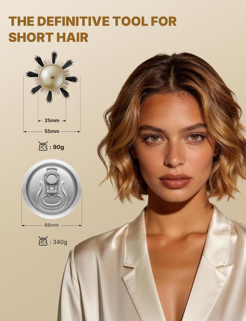 Professional Round Hair Brush Ceramic Negative Ion round brushes for blow drying with Circular Airflow, Even airflow for smooth, One-Stroke Smoothness for Tangle-Free Hair Care, 25MM, Short Hair Golden 25mm