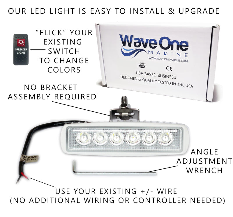 Wave One Marine Dual Color LED Boat Spreader Light Deck Flood Beam Stainless Hardware & Bracket IP68 Waterproof Multicolor Bright High Lumen Output (White Housing, White & Blue) White Housing White | Blue