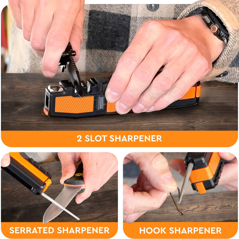 8-in-1 Pocket Field Knife Sharpener – Guided Diamond Whetstones, Diamond Rod, Leather Strop, 2 Sharpening Slots, Fire-Starter Ferro Rod & Whistle – Outdoor, Yard, Camping by Orange Ninja