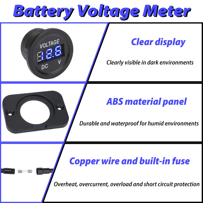Car Battery Voltage Meter, Waterproof DC 12V 24V Digital Volt Meter, 12v Battery Monitor with LED Digital Display, Round Voltage Gauge for Car Truck RV ATV Boat Marine (Blue Light) Blue