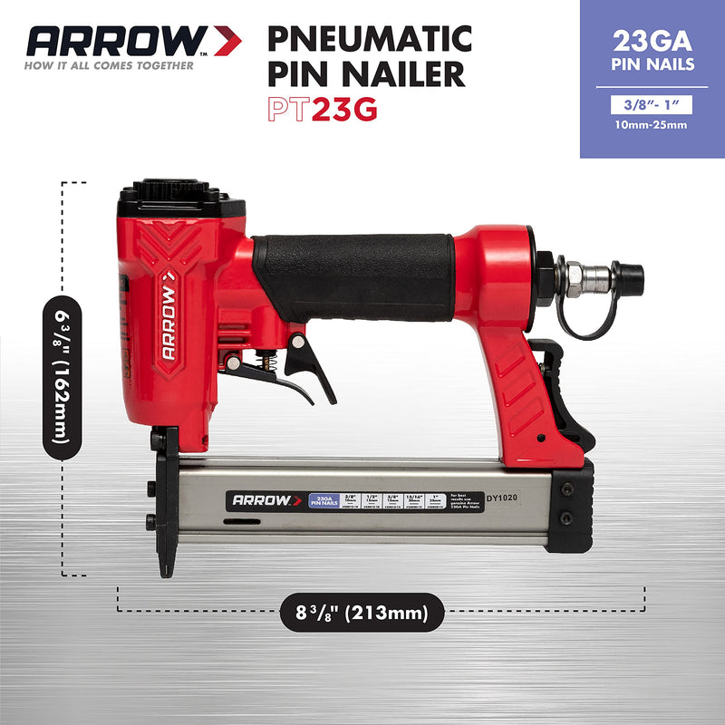 Arrow PT23G 23 Gauge Compact Pneumatic Pin Nail Gun, Oil-Free, Fits 3/8”, 1/2”, 5/8”, 13/16” and 1” Nails 8.25 x 2 x 10 inches Gauge Pin Nailer