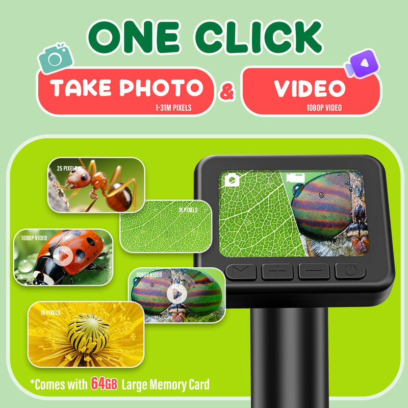IMICHI Microscope for Kids 50X-1000X Magnification- 2 inch IPS HD Screen, 32GB storage Card, 1080P Video, 2-Hour Battery Life, Easy Carry, Slides Included - Perfect Science Kit Gift for Kids Ages 8-12 Black With SDcard&Slides