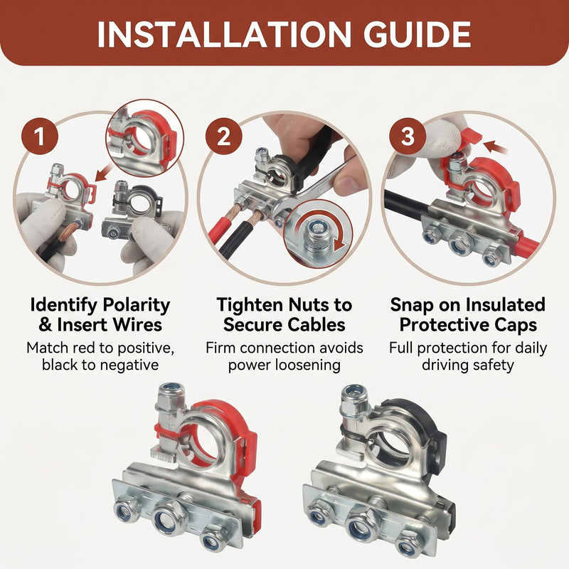 2PCS Battery Terminal Connectors, 12V Automotive Top Post Battery Wire Cable Terminals Clamp Connectors, 3 Way Positive and Negative Car Batteries Terminal Clamps, Universal for Car Boat Van