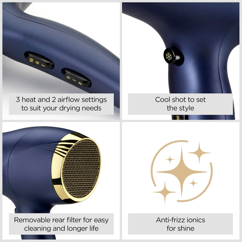 BaByliss Midnight Luxe Hair Dryer - Powerful 2300W Blow Dryer, Ionic Frizz-Control, Fast Drying, Professional and Lightweight, 3 Heat & 2 Speed Settings, 5781U 5781U - UK PLUG