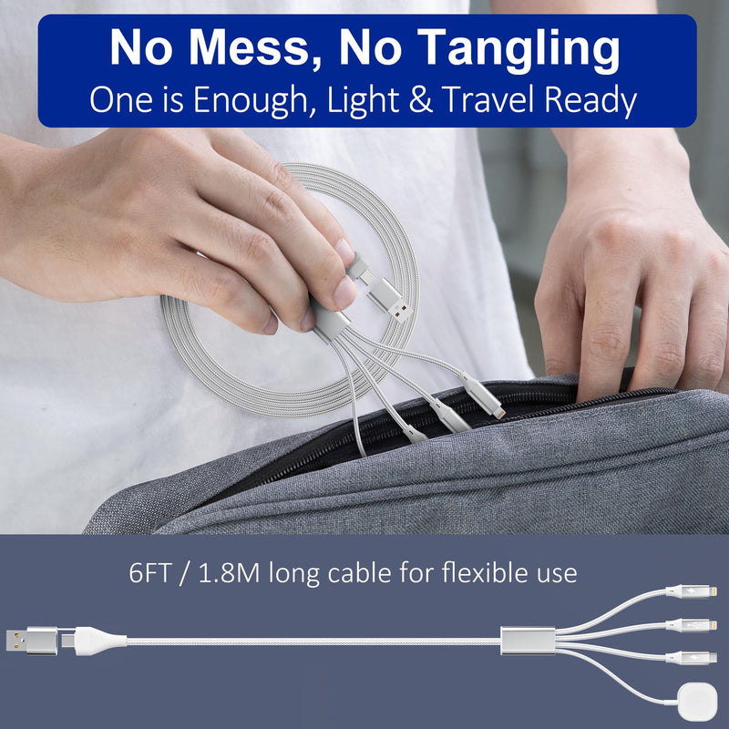 4in2 Multi Charging Cable for iPhone Watch Charger, 6FT USB C All-in-One Cable with Lightning, Type-C & Magnetic Watch Charger, MFi Certified for iWatch Series SE/Ultra 2-1, iPhone 15-13, Galaxy