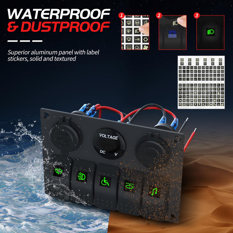Waterproof Marine Switch Panel, 5 Gang Rocker Switch Panel 12V/24V Aluminum for Boat, 4.8A Dual USB Port, Cigarette Lighter Socket, LED Voltmeter, Pre-Wired 12 Volt Switch Panel for RV, Truck, Yacht