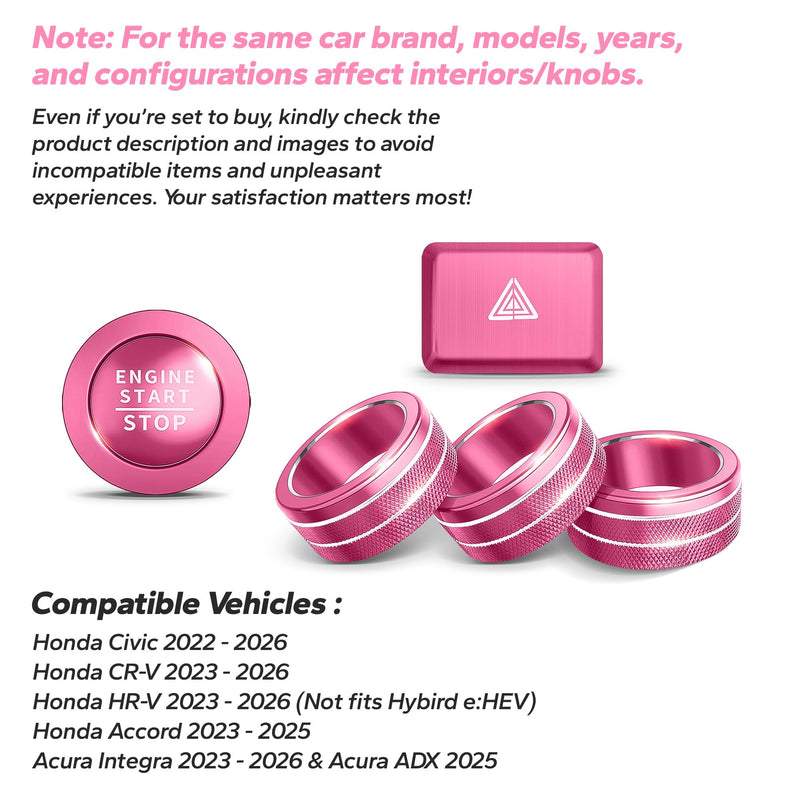 for Honda Civic 2022-2026, CRV/HRV/Accord 2023-2026, Acura Integra 2023-2025 & ADX 2025 Accessories, 6pcs Aluminum Alloy Knob Cover Trim Set - Push Start, AC & Hazard Light (Pink) Pink