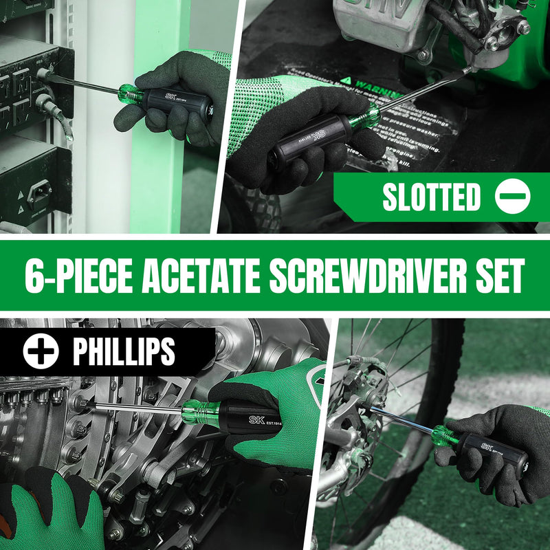 SK 6-Piece Acetate Screwdriver Set, S2 Steel, 3 Slotted & 3 Phillips Screwdrivers, SureGrip Handle