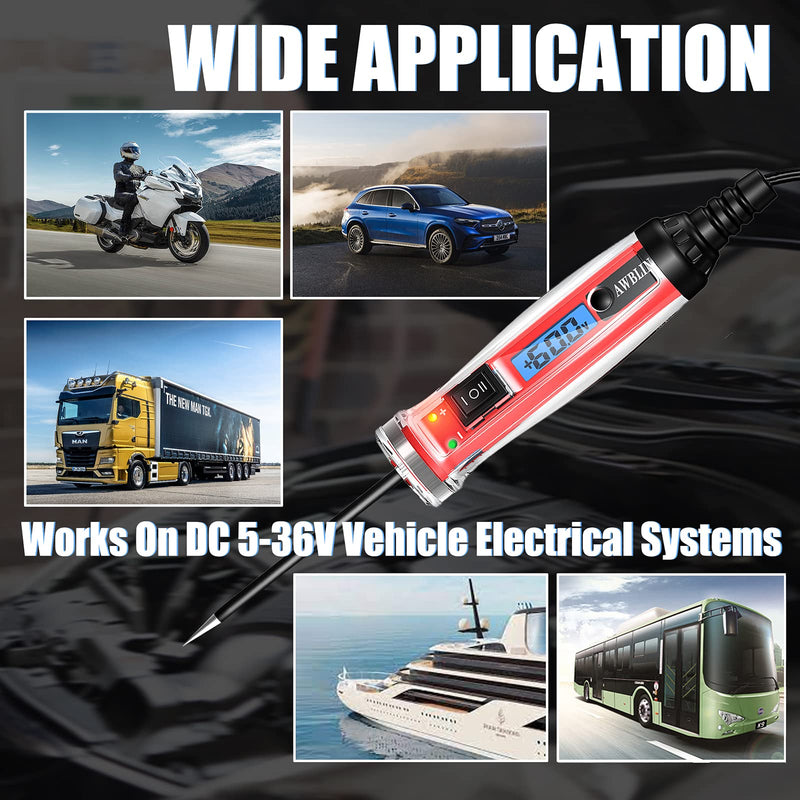 Power Circuit Probe Tester, LCD Digital Automotive Test Light with Voltage Display&Illumination, DC Voltage Tester, Electrical System Tool, Relay Fuse Continuity Current Test.