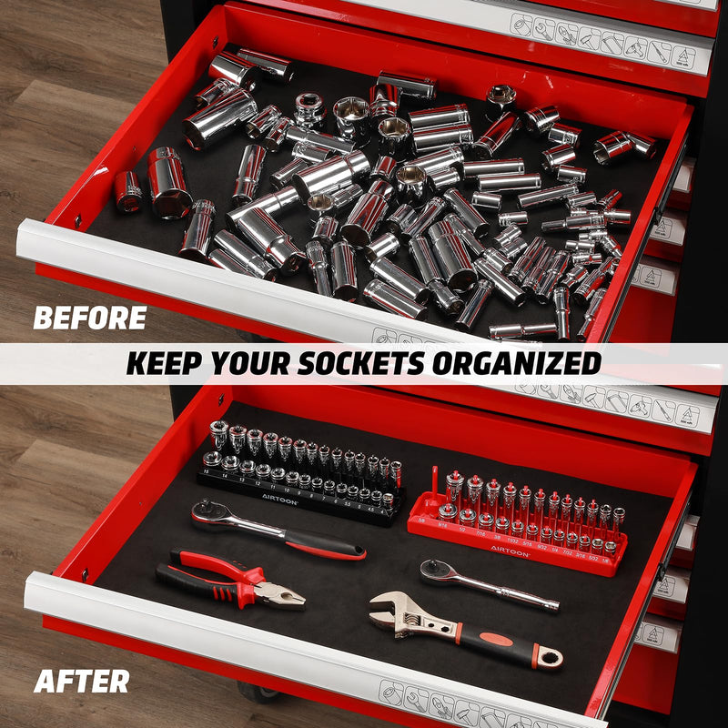 AIRTOON 1/4-Inch Drive Socket Organizer Trays, 2-Piece SAE and Metric Socket Tray Set, Deep and Standard Socket Holders Organizers for Toolbox, Black & Red 1/4-Inch Drive SAE and METRIC