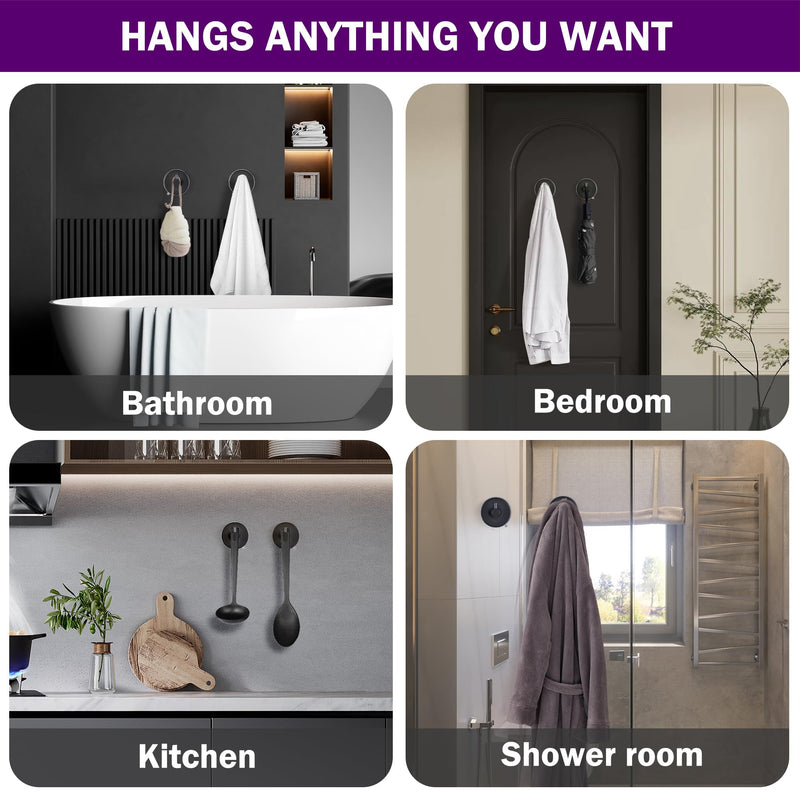 JOMOLA Stainless Steel Bathroom Suction Hooks - No Drill Adhesive-Free Wall Mount for Shower, Towel & Robe, Rustproof Metal Hardware with Damage-Free Grip, Matte Black (4-Pack) Black-4 Pack