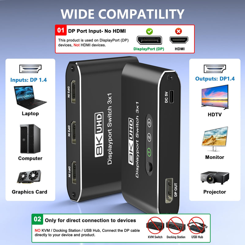 DisplayPort Switch 3 in 1 Out 8K@60Hz, DP Switcher Connects 3 PCs to 1 Monitor, DisplayPort 1.4 Selector 3x1, Manual Button Switcher for Desktop/GPU/Laptop – Direct Connection Only (No Dock/KVM)