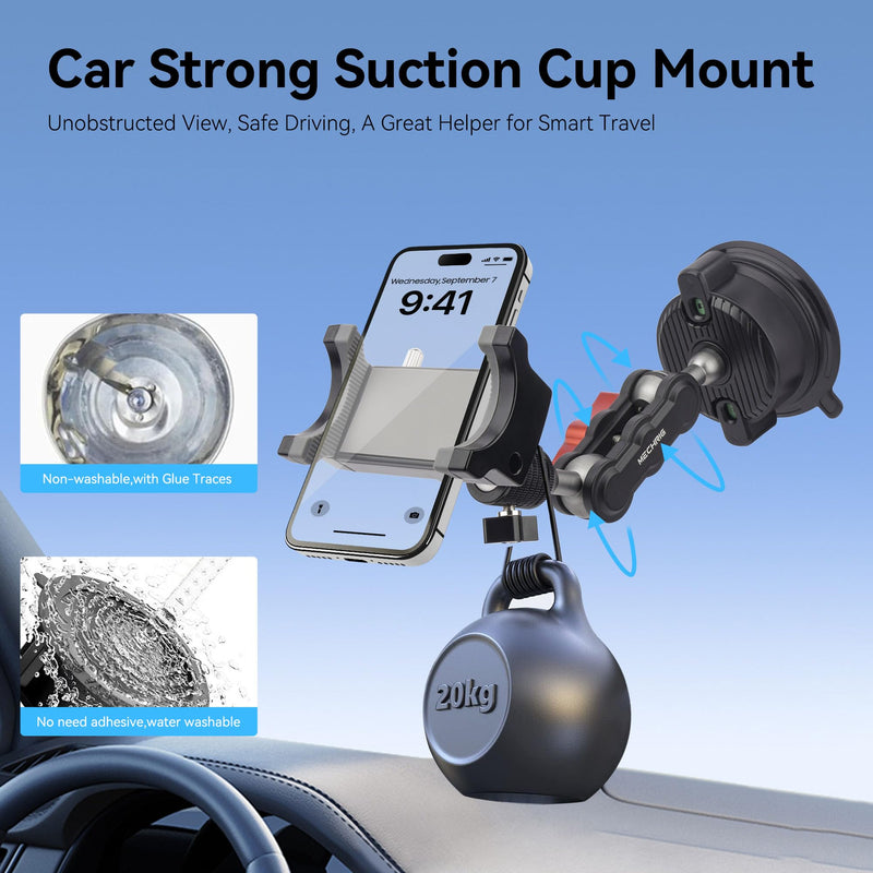 Suction Cup Car Phone Mount, 360°Rotating Car Phone Holder Video Recording, Universal Ball Head Arm for Cellphone Car Holder, Heavy Duty Car Phone Mount for Dashboard, Windshield-SJ003 (Extended) Extended
