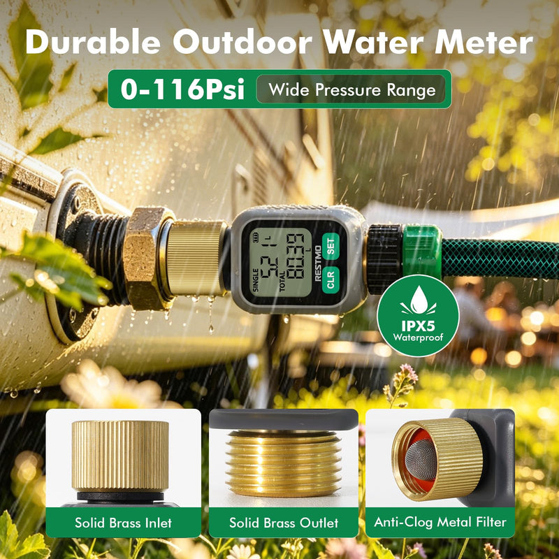 RESTMO Water Flow Meter with Dual Zone Display Screen, Brass Inlet & Outlet Water Meter, ±4% Accuracy, Measure Gallon/Liter Consumption and Flow Rate for RV, Garden Hose, Sprinkler & Nozzle Sprayer 1