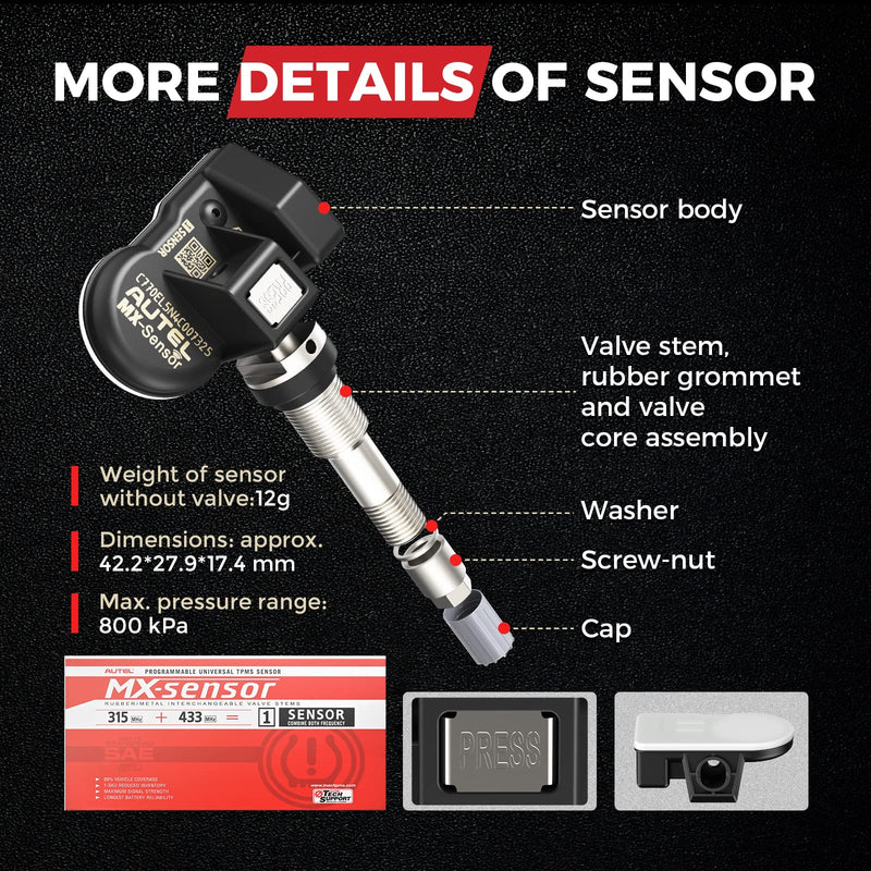 Autel TPMS Sensor 1-Sensor, MX-Sensor 315MHz + 433MHz Metal Valve, Programmable Universal Specially Built for OEM Sensors Replacement, Work with Autel TPMS Tool TS408S TS501 PRO TS508WIFI MK808S-TS