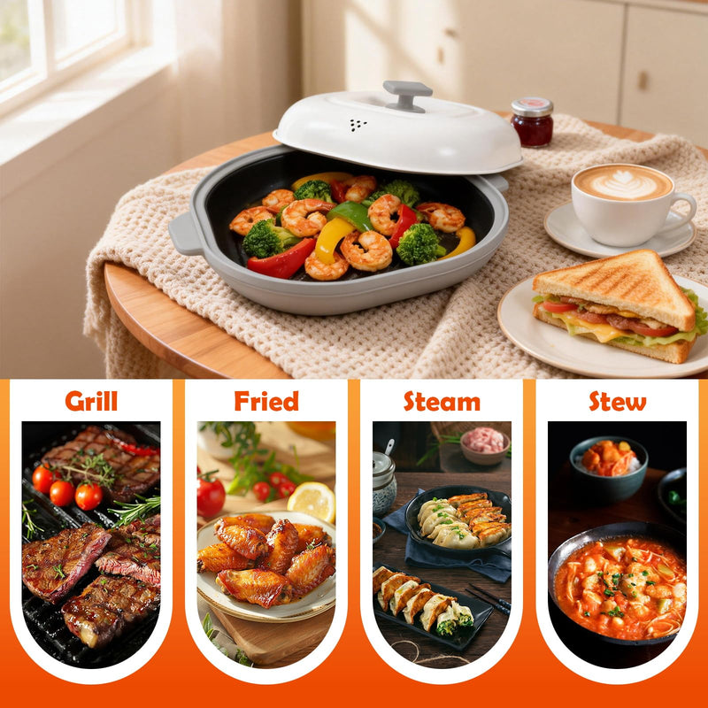 AHJ Microwave Grill Pan with Lid, Microwave Cooker Multi-Use for Grilling, Frying, Browning and Crisping, Microwave Griller & Crisper Pan for Grill Meat, Sandwich, Vegetable, Egg, Potatoes (Gray) Gray Medium