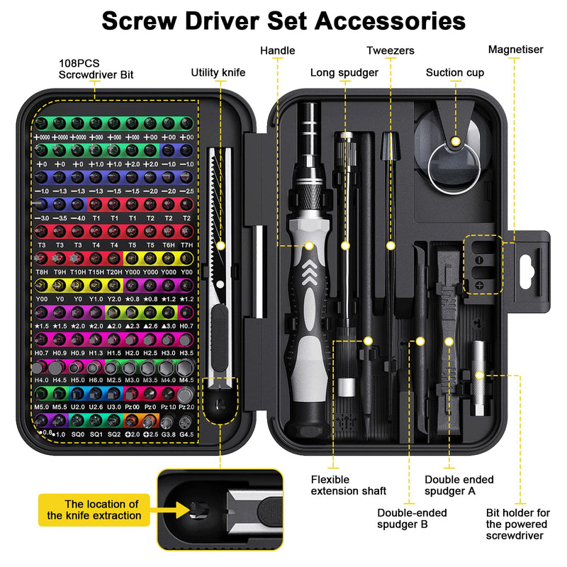 Mini Precision Screwdriver Set with Color-coded Identification, 132 in 1 Micro Magnetic Repair Tool Kits with Storage Box, 108 Bits,Small Manual Screw Driver Toolkits for iPhone/Mac/iPad/Table Black