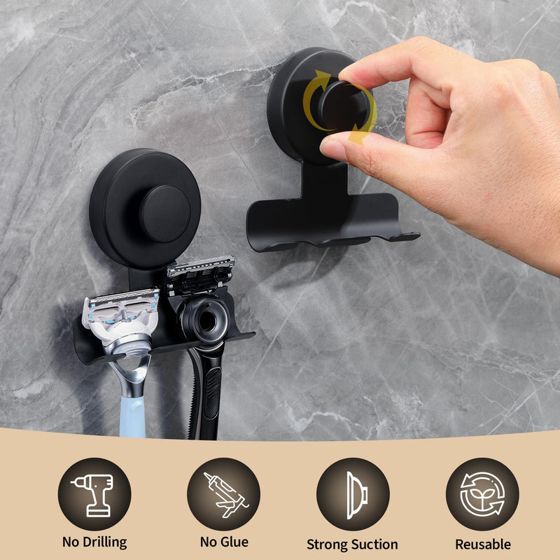 Suction Cup Razor and Shaver Holder for Shower Wall, Stainless Steel Reusable Suction Hook for Towel and Loofah, Damage-Free Installation (2, Matte Black) 2