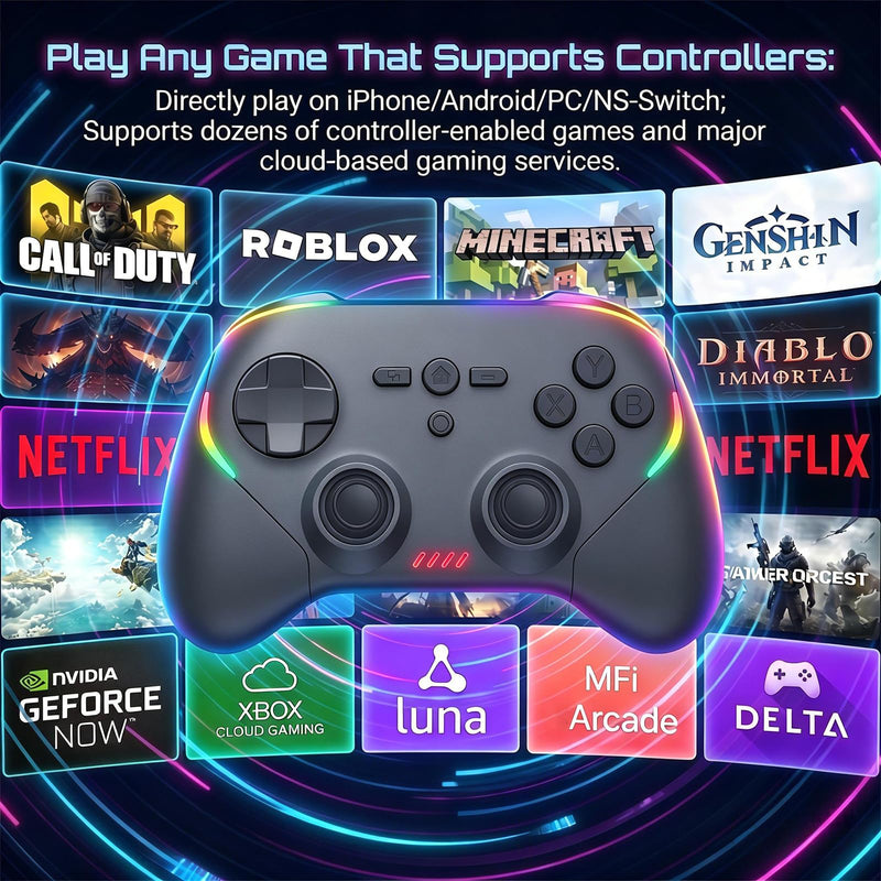 Megadream Phone Controller for PC/Switch 2|Swith/Android/iPad/Tablet/iPhone Controller - RGB light - Hall Effect Trigger/Joystick - Call of Duty, Roblox, Genshin Impact, Direct Play Black