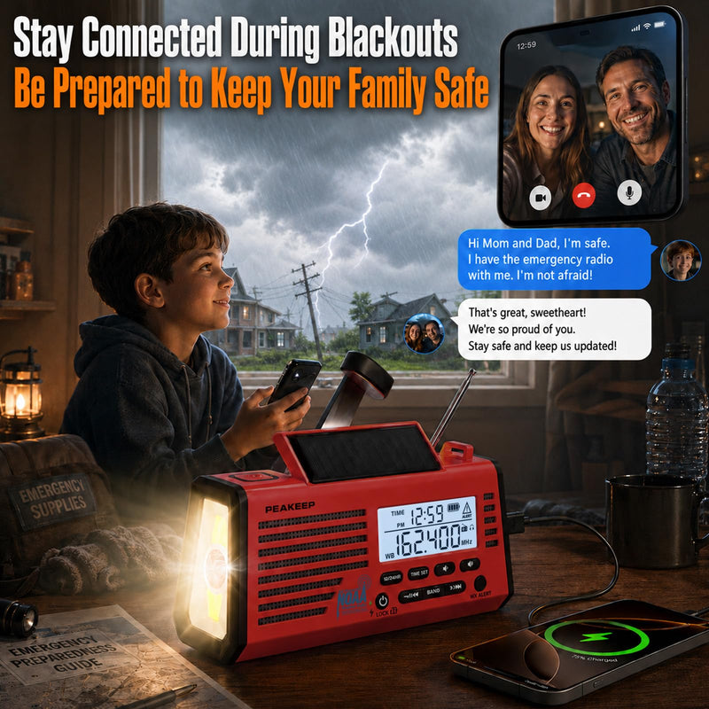 Peakeep Emergency Radio NOAA Weather Alert Battery Solar Crank Powered | AM FM SW Portable Radio, Rechargeable Battery Backup18500mWh, SOS Flashlight Lamp for Home Car Camping Storms Blackouts Prep Red with Black