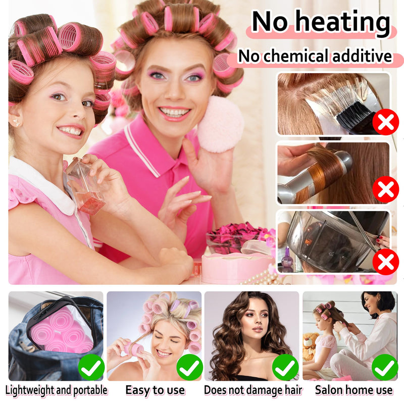  [AUSTRALIA] - 4 Sizes Self-Grip Hair Rollers Set with Clips - 4 Sizes for Long, Short Hair & Bangs (25mm, 36mm, 48mm, 60mm), (Pink, 4 Sizes) Pink