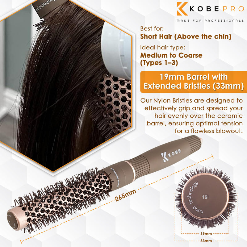 Kobe Professional Heat-Retaining Ceramic & Ionic Round Hair Brush for Blow Drying - With Nanotechnology - 19mm Barrel Brush - Blow Dry Hair Brush,Curling Brush 19 mm