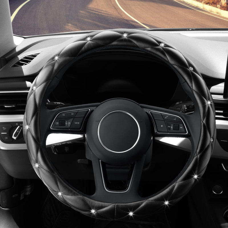 YOGURTCK Diamond Soft Leather Anti-Slip Steering Wheel Cover with Bling Bling Crystal Rhinestones, Universal 15 Inch for Women Girls, Fit Vehicles, Sedans, SUVs, Vans, Trucks - Black A-Black