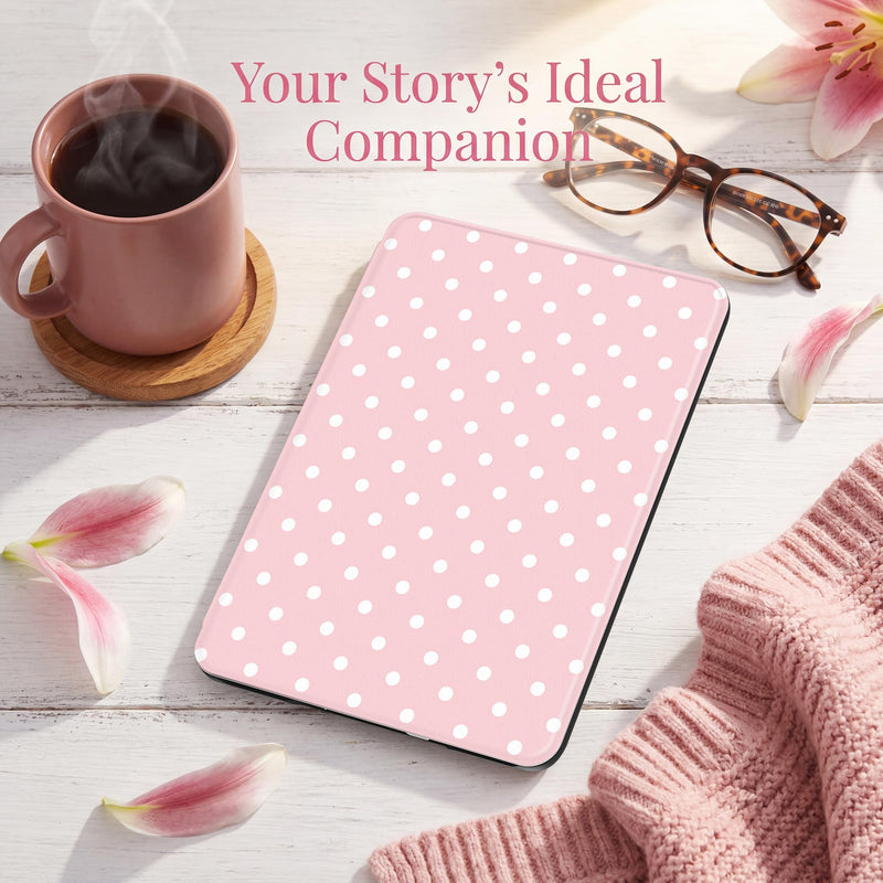 Teryeefi Case for New Kindle Paperwhite 12th Gen 2024 and Kindle Colorsoft Signature Edition, Lightweight PU Leather Protective Cover with Auto Sleep Wake with Hand Strap Function (Pink Polka Dot) Pink Polka Dot