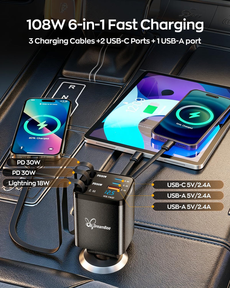 DreamBee Retractable Car Charger,108W 6 in 1 Super Fast Car Phone Charger with 3 Cords 31.5INCH, USB C Car Charger Adapter for iPhone 17/16/15/14/13 Pro Max XR,iPad,Samsung,Pixel