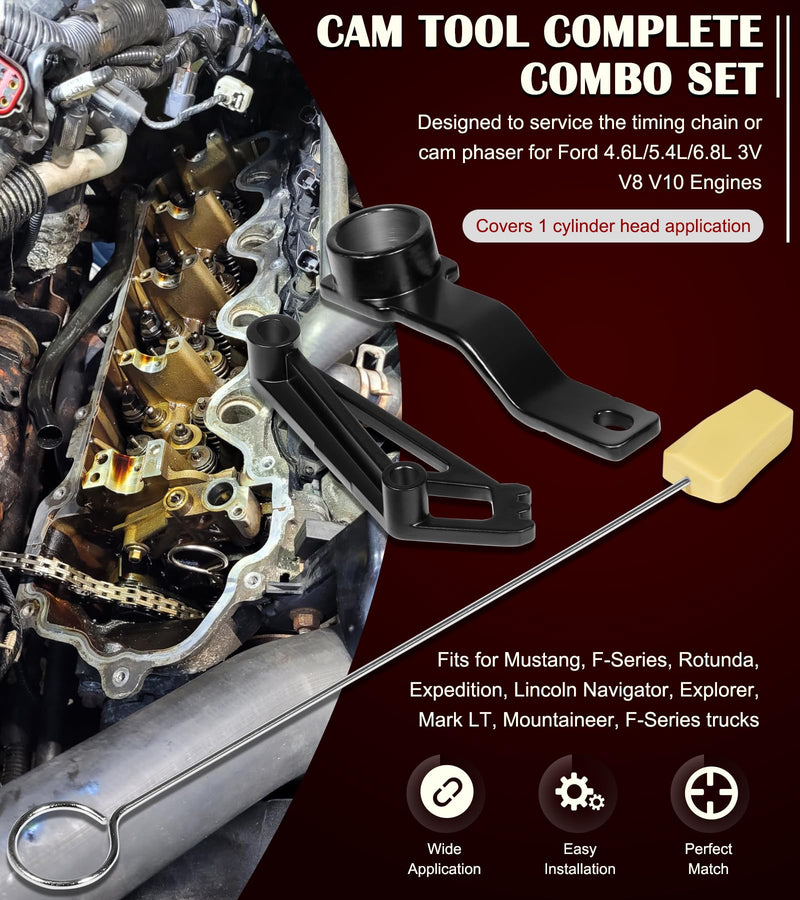 Camshaft Tool Complete Combo Set Fits for Ford 4.6L, 5.4L & 6.8L 3V Engines, Including Cam Phaser Holder Locking Tool, Timing Chain Locking Wedge Tool and Crankshaft Positioning Wrench Holder