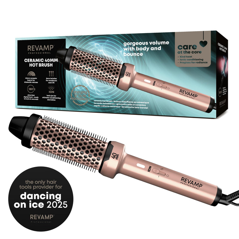REVAMP Ceramic Hot Brush Styler - Ionic, Fast Heat, Gold Edition, 40 mm | Round Barrel Heated Curling Brush, Volumising, Thermal Styling, Blowout, Waves & Bouncy Curls