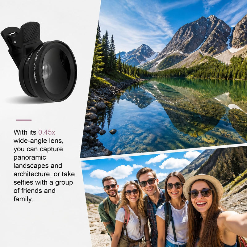 2-in-1 Phone Camera Lens, 0.45X Wide Angle (140°) & 15X Macro Universal Clip-On Lens for iPhone/Android Cell Phones Including Travel Storage Bag