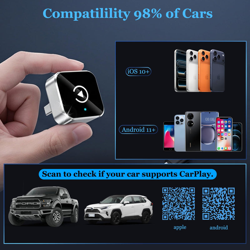 2026 Upgraded Wireless CarPlay Adapter for iPhone & Android, Auto-Connect | 2-in-1 Adapter, Fast Auto-Connect, Stable Connection, Mini Size Plug, For iPhone & Android, Convert Wired to Wireless Dongle Silver