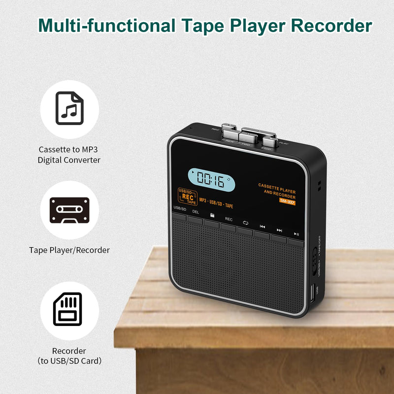 Cassette Tape Player Recorder, Cassette to MP3 Converter, Record to Cassettes/USB/SD Card, LCD Display, Power by USB C or AA Battery, Built-in Speaker, Headphone Jack and Mic Black