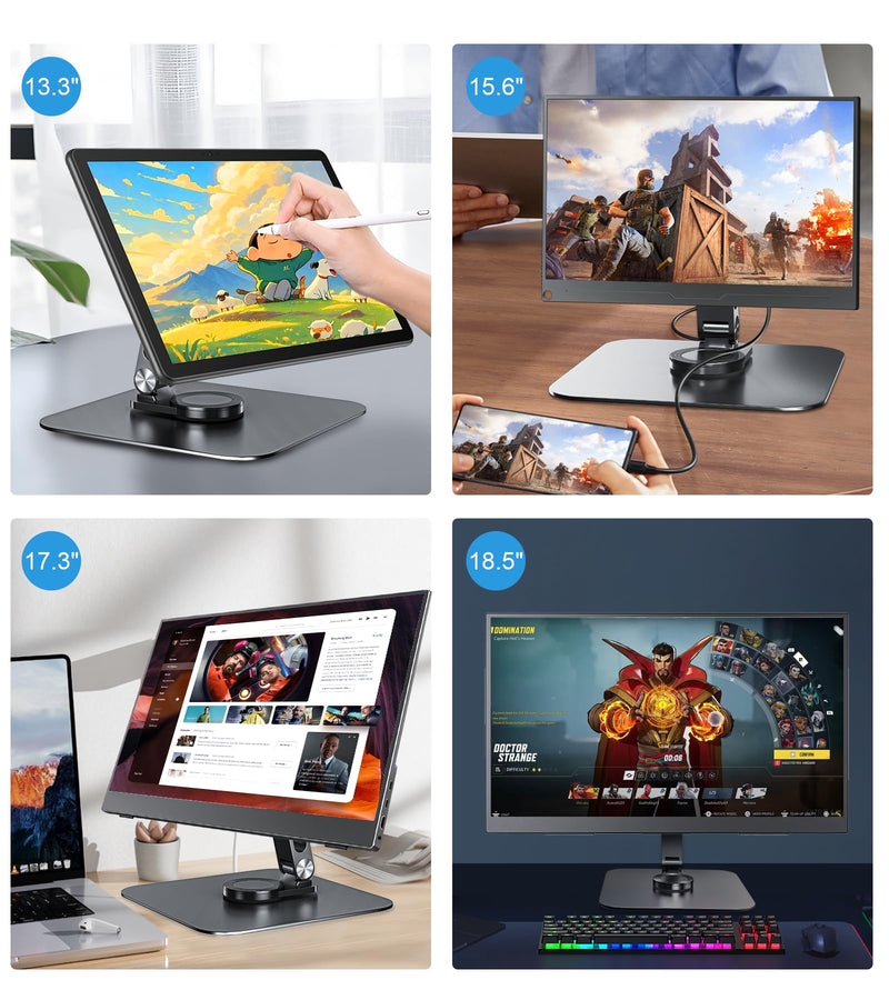 Portable Monitor Stand VESA 75x75mm Holes M4 Anti-Loss Screws, Aluminum Alloy Base, Fits 7"- 18", 15.6" 16" 17" 17.3" 18" Inch Small Monitors Lay Flat, Black Desk Mount (Not Fits100x100mm)