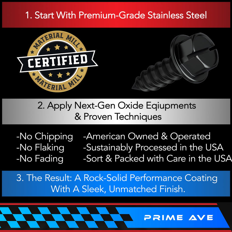Black Oxide Stainless Steel License Plate Screws w/Nylon Inserts for Securing Front & Rear License Plates, Frames & Covers – License Plate Fasteners Fit Most Domestic Vehicles (Set of 4) Set of 4 (Black Oxide)