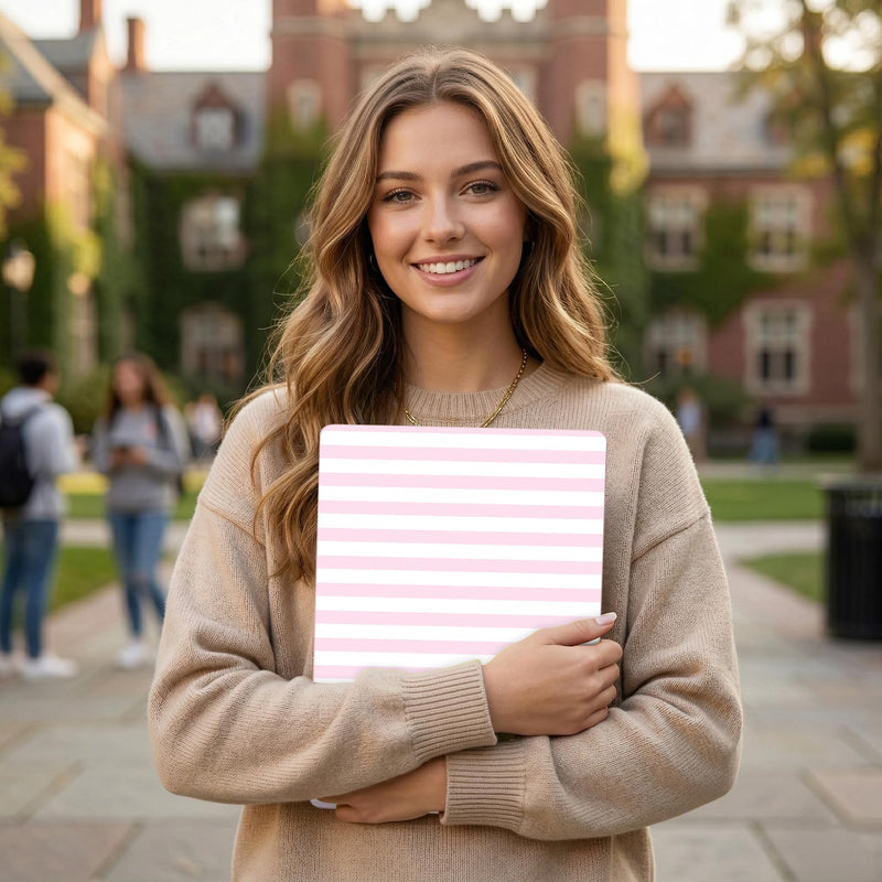 Case for MacBook Air 13 Inch (2021-2018 Models A2337 M1/A2179/A1932), Pink & White Stripes Hard Shell Case with Keyboard Protector, Compatible with Retina Display and Touch ID