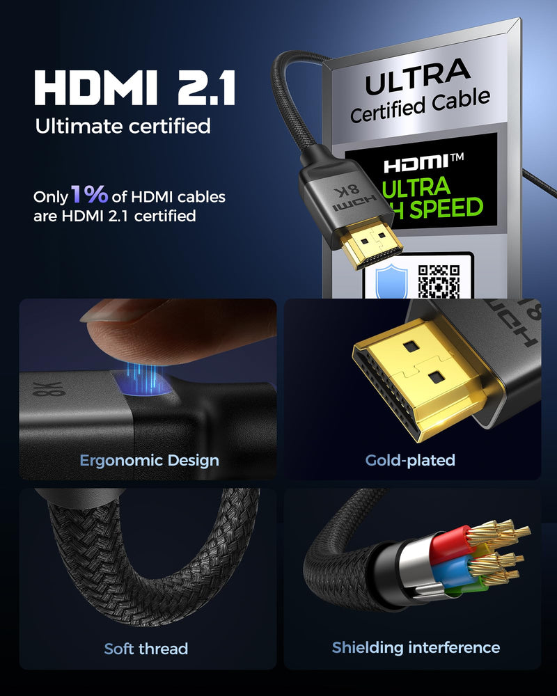 Silkland 10K 8K HDMI 2.1 Cable 2-Pack 10FT, (Upgrade Braided) Certified Ultra High Speed HDMI Cable [8K@60Hz, 4K@120Hz] 48Gbps, HDR, eARC, HDCP 2.2&2.3, Compatible for Soundbar/PS5/Xbox/Roku TV 10 Feet Grey