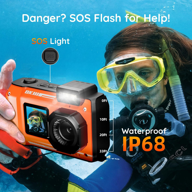 8K Underwater Digital Camera - MaxMango 70MP 33FT Waterproof Camera with 64G Card - Underwater Camera for Snorkeling Floatable Dual-Screen Selfie 2500mAh Battery Point and Shoot Digital (Orange)