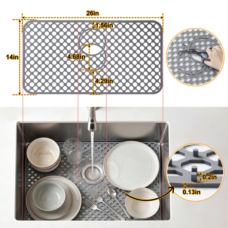 Silicone Sink Protectors for Kitchen Sink, 26 x 14 Inch Non-slip Heat Resistant Silicone Sink Mat Grid for Bottom of Farmhouse Stainless Steel Sink with 2 Reserved Holes, Kitchen Sink Accessories,Grey Grey-26x14in