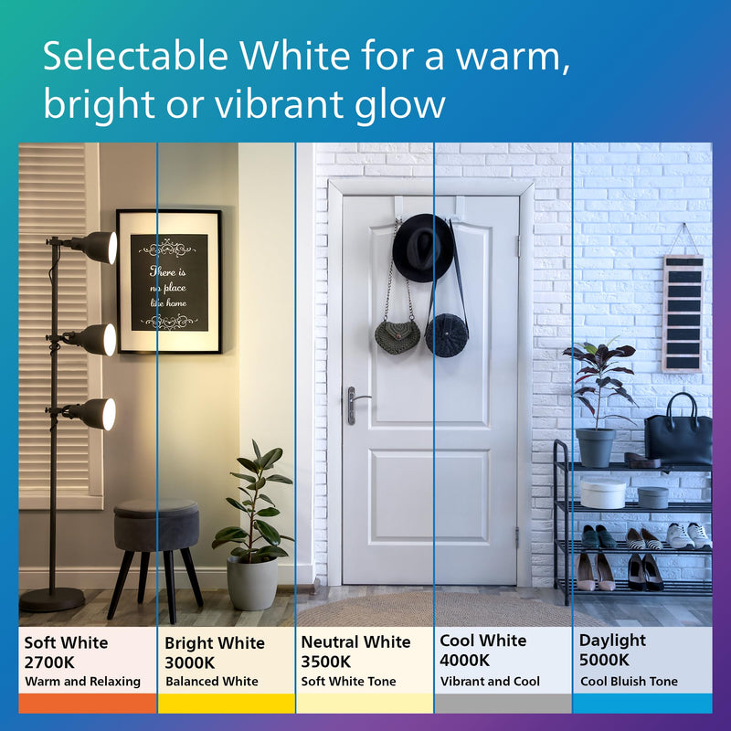 PHILIPS LED 100W A19 4-Pack Selectable White Multi-CCT 1500 Lumen (14W = 100W) Dimmable Flicker-Free Light Bulbs