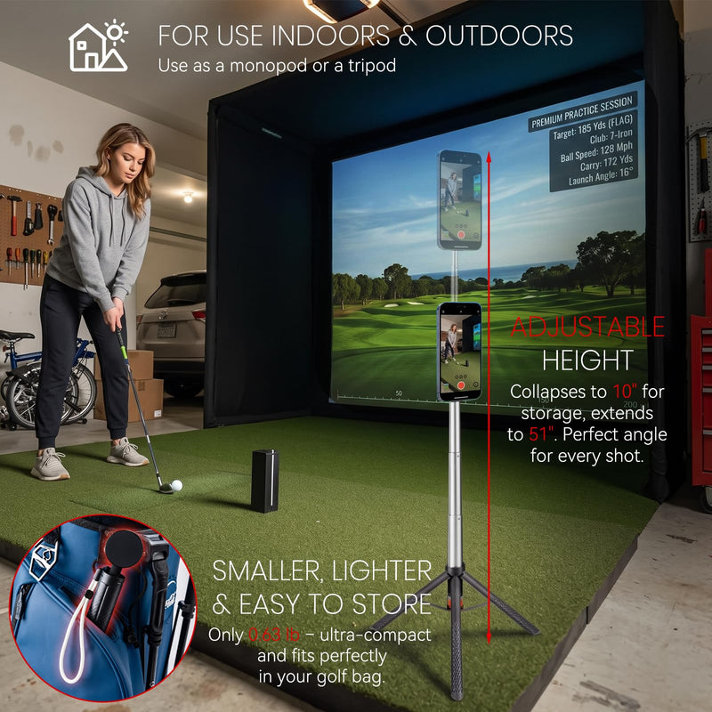 Golf Monopod Stick, Integrated Design Magnetic Tripod Selfie, Phone Holder | All-In-One Design, Ultra-Strong Magnetic Hold (3000g+), Smaller, Lighter, 360° Rotating Head, Adjustable Height