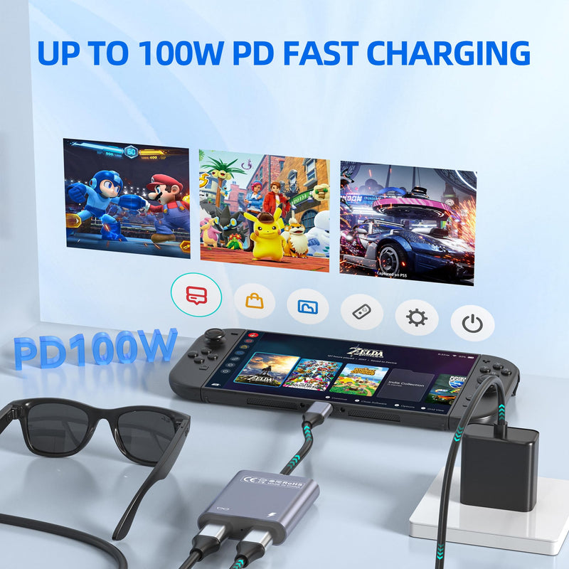 USB C to Glasses Charging Adapter, 100W PD Charge & Play for AR Glasses, 4K@60Hz Video Output for XREAL/Viture/Rokid/RayNeo, Steam Deck, ROG Ally, Switch (Not Switch 2), PS5, Xbox, Mac, Laptops