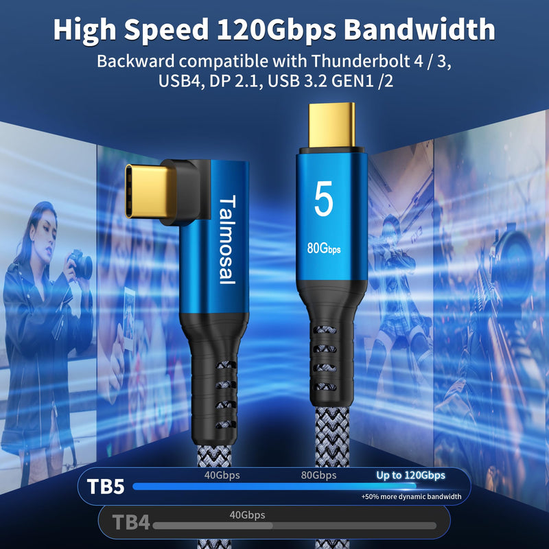 240W for Thunderbolt 5 Cable Right Angle 6.6 ft, 120Gbps Bandwidth, 80Gbps, Dual 8K, 4K 540Hz, Triple 4K 144Hz for iPhone 17, Thunderbolt 4, USB4, SSD, MacBook M4 Pro, Dock, eGPU, Mac mini M4 / M4 Pro Right Angle 6.6 feet TB5
